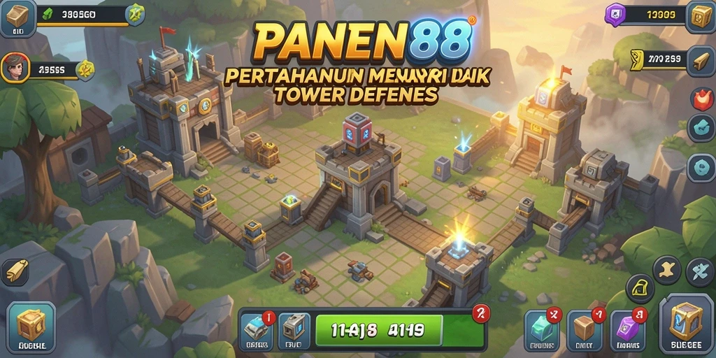 Screenshot gameplay menunjukkan menara yang kuat dan musuh yang menyerang.